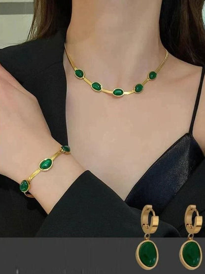 Oval Green Crystal Pendant Necklace Set With Bracelet